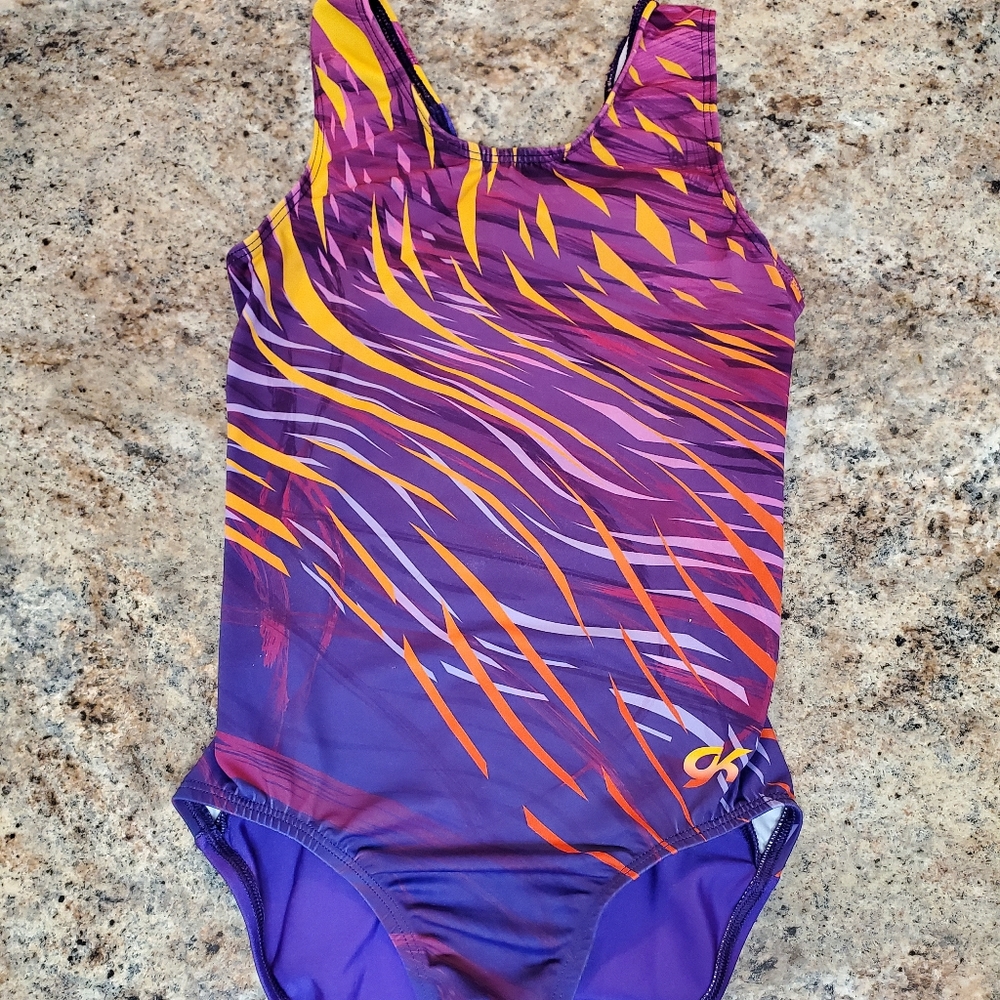 SUPER CUTE GK Elite gymnastics Leotard CL Child Large Purple Orange Pink SWIRLS